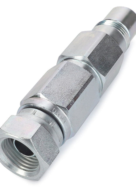 A close-up view of the AGCO QUICK COUPLER - AL10550201, a metallic hydraulic fitting connector featuring hexagonal nuts and threaded ends.