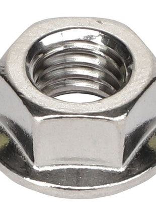 Close-up image showing a metallic hexagonal nut with a flanged base and internal threading, identified as the AGCO HEX FLANGE NUT - AG522562.