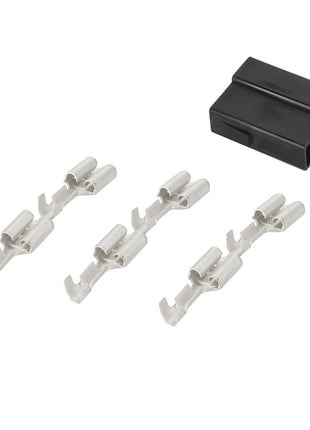Product Description: The AGCO Disconnection Point - F339900950240 by AGCO features four metal electrical connectors and one black plastic component, all displayed on a white background.