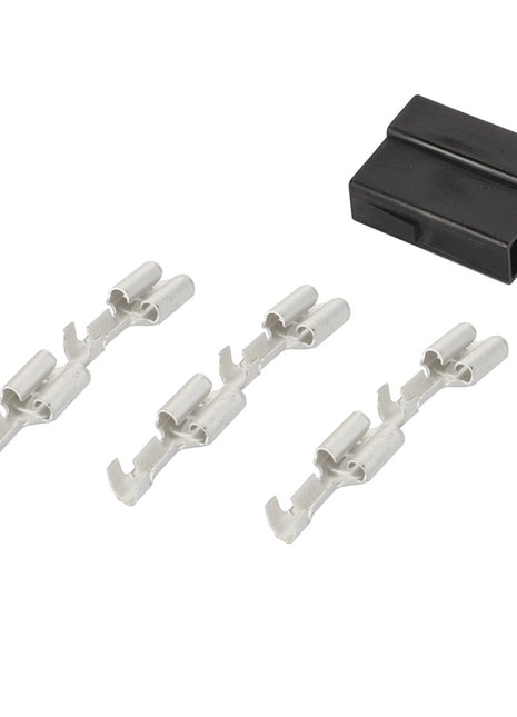 Product Description: The AGCO Disconnection Point - F339900950240 by AGCO features four metal electrical connectors and one black plastic component, all displayed on a white background.