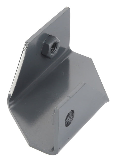 Introducing the AGCO | BRACKET - D28186296: A sleek gray metal bracket featuring a triangular design, complete with a centrally fastened nut.