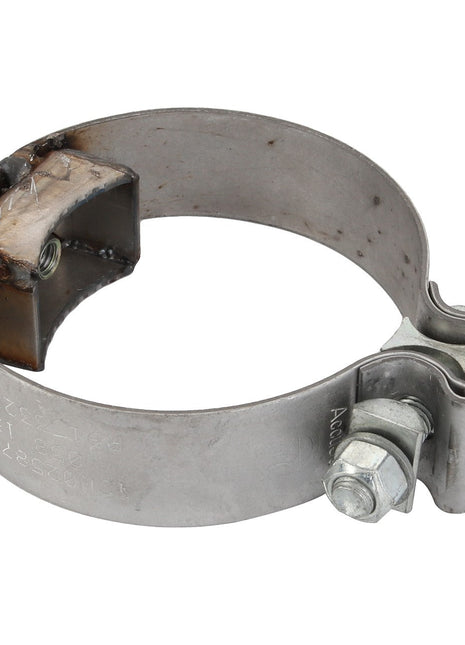 The AGCO | Band Clamp - Acw0258710 is a metallic hose clamp with a bolt and nut for tightening, featuring a smooth, circular band for an effective seal.