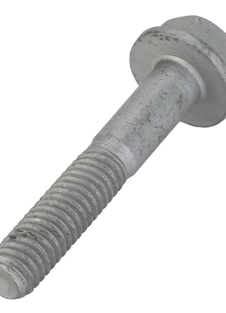 The AGCO Hexagon Flange Bolt - Acw0775800, a metallic hex bolt with a threaded shaft, lies against a white background.