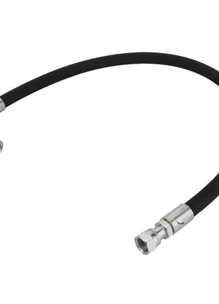 Product Description: The AGCO Hydraulic Hose - Acw3130320 is a black rubber hose with metal fittings on each end, designed in an arc shape. This high-quality product from the trusted brand AGCO ensures durability and reliable performance.