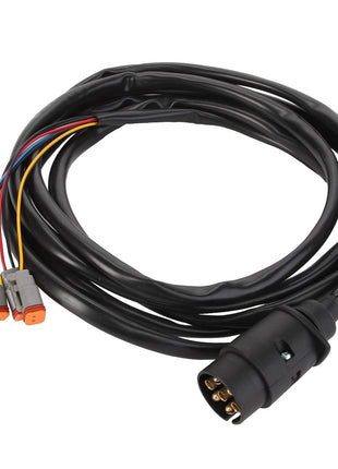 The AGCO | CABLE - AL60003944 by AGCO is a coiled black cable with multiple colored wires and a round connector on one end, featuring several individual connectors on the other end.