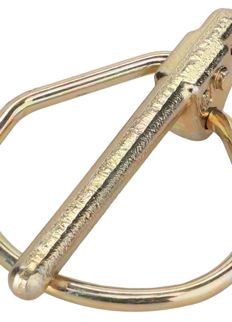 Introducing the AGCO Folding Plug - Fel109162, a metal D-ring latch pin with a sleek gold finish. This product features a round ring attached to a straight latch, combining functionality with style.