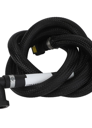 Introducing the AGCO Fuel Hose - Acw0129530: a coiled black hose featuring a white stripe and equipped with a right-angle connector at one end.