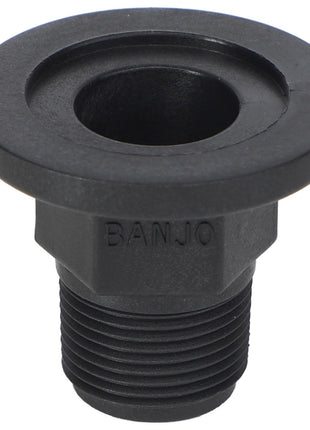 A black, threaded plastic fitting labeled "AGCO | ADAPTER - AG057597" with a wide flange and a circular opening, designed for manifold flange connections.