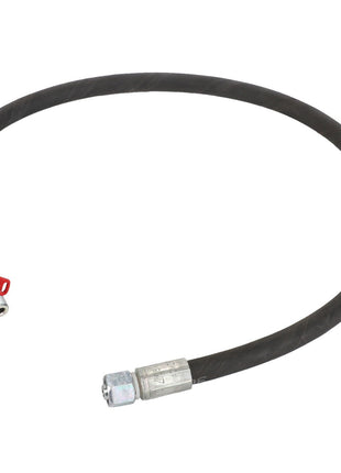 The AGCO Hydr. Hose - Acw2916330 is a flexible black hydraulic hose with metal fittings on both ends, including one fitting that features a small red lever. The hose forms a partial loop. Product description details are currently unavailable for this item.
