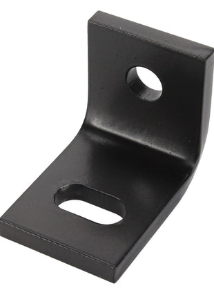 Close-up image of the AGCO | BRACKET - D28285981, a black L-shaped metal bracket featuring a circular hole on its vertical side and a rectangular hole on its horizontal side.