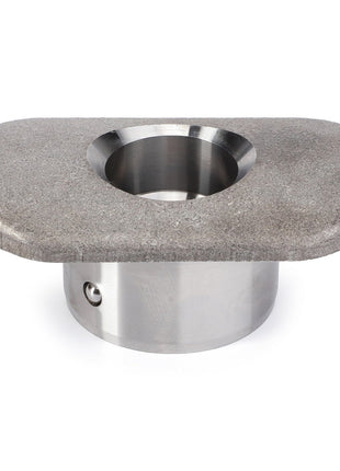 A cylindrical object made of stainless steel and stone, featuring an oval stone top with a round metal cup in its center, resembling the high-quality AGCO | Coupling Bolt Bush, Automatic Clevis - F816500070190 linkage components from AGCO Parts.