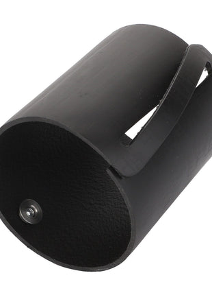 The AGCO Cover - F650633070260 is a black cylindrical metal tube featuring a jagged, angular cut on one side and a smooth, unblemished interior surface.