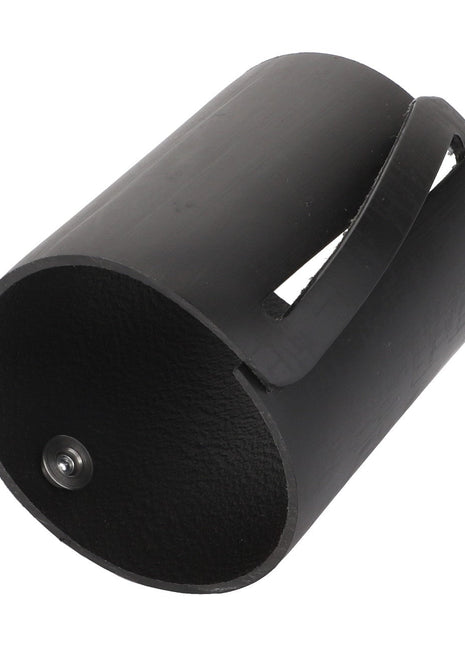 The AGCO Cover - F650633070260 is a black cylindrical metal tube featuring a jagged, angular cut on one side and a smooth, unblemished interior surface.