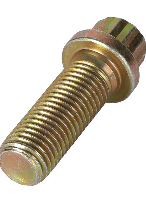Close-up of an AGCO Screw 12 Points Flange Head - 3009803X1 with a threaded shaft, hexagonal head, and a washer-like base. The bolt has a yellowish-golden hue. No current product description available.