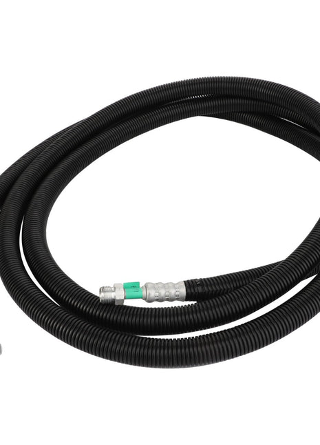 A coiled black AGCO air conditioning hose (ACY1581900) with metallic connectors on both ends lies on a white background.