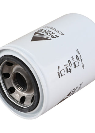 The AGCO Hydraulic Filter Spin On (model Acw0891010) is a white cylindrical filter with metallic inner components, featuring printed text and graphics on its surface, designed to extend the lifespan of machines.