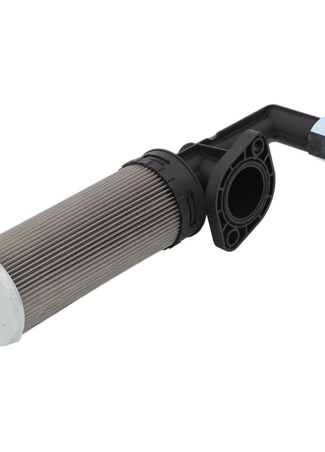 Image of the AGCO | Strainer - Acw228187B, a cylindrical industrial filter featuring a pleated design, connected to a black L-shaped connector with a screw fitting on one end. No current product description information is available.