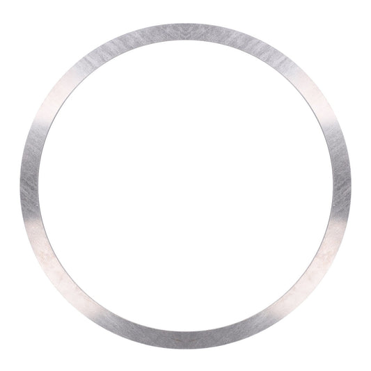 A metallic circular ring, identified as the AGCO Shim - F411301021090 from the AGCO brand, with a brushed texture against a white background.