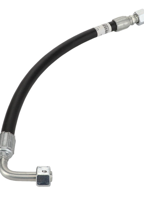 Introducing the AGCO Hydr. Hose - Acw0555210: a black flexible hydraulic hose equipped with durable metal fittings at both ends, including one with a right-angle bend. Please note that no current product description information is available.