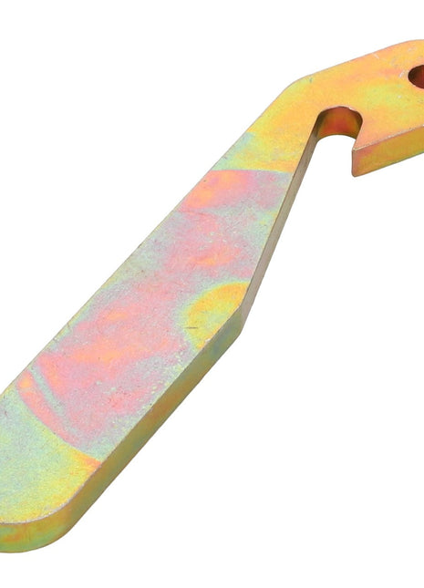 The AGCO | LEVER - D28560162, by AGCO, is a metallic tool with a flat, elongated body featuring a hook-like cut-out near one end and a small hole at the tip. As of now, no current product description information is available.
