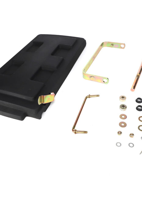 Image of an AGCO HOPPER LID - ACP0317790, featuring various metallic brackets, screws, bolts, washers, and other small hardware components laid out on a white background. For questions about ordering or assembly, please contact our support team.