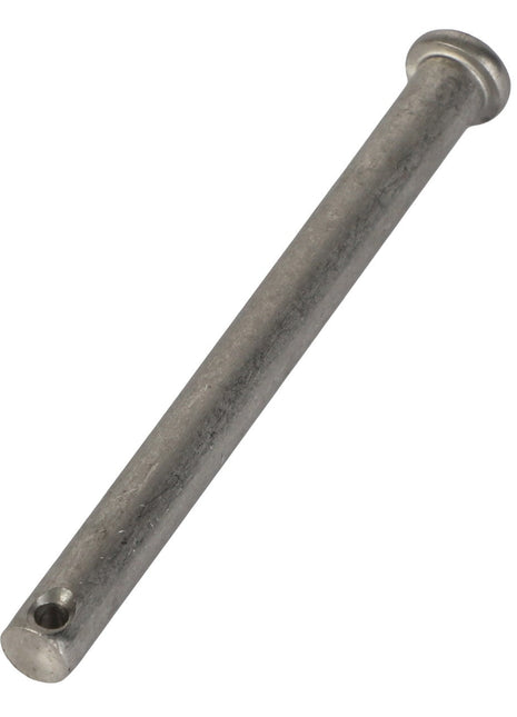 The AGCO CLEVIS PIN - AG516398 is a cylindrical metal pin featuring a hole at one end and a flat, slightly wider cap at the other end.