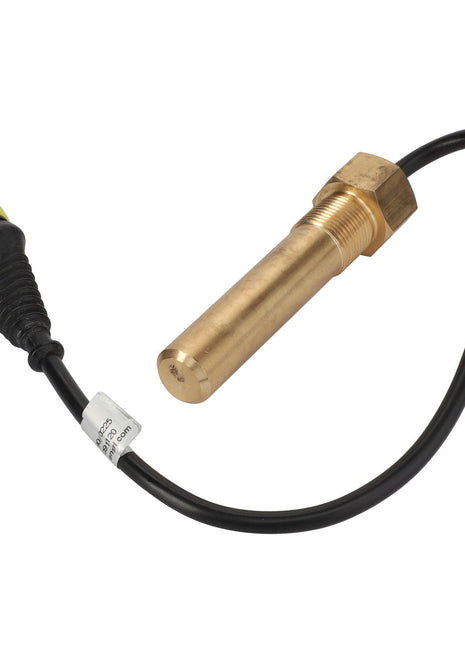 The AGCO Sensor Drive Train System - Acp0329650 from AGCO is a cylindrical metal sensor with a threaded end, attached to a black cable with a yellow connector, making it perfect for tractor parts.