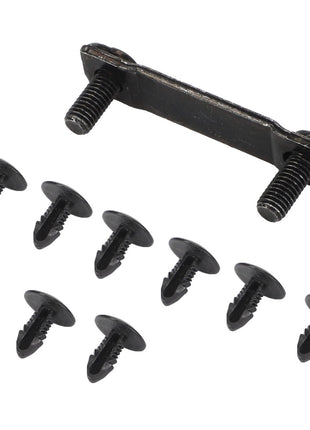 An AGCO Small Parts Kit - F339500030360, featuring a black metal bracket with two attached screws and eight black push-in fasteners, all neatly arranged on a white background.