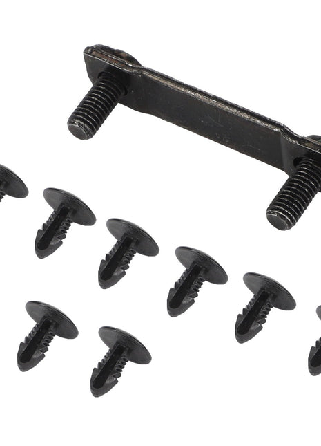 An AGCO Small Parts Kit - F339500030360, featuring a black metal bracket with two attached screws and eight black push-in fasteners, all neatly arranged on a white background.