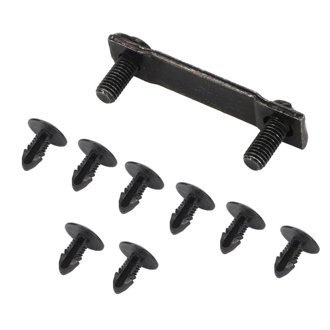 An AGCO Small Parts Kit - F339500030360, featuring a black metal bracket with two attached screws and eight black push-in fasteners, all neatly arranged on a white background.