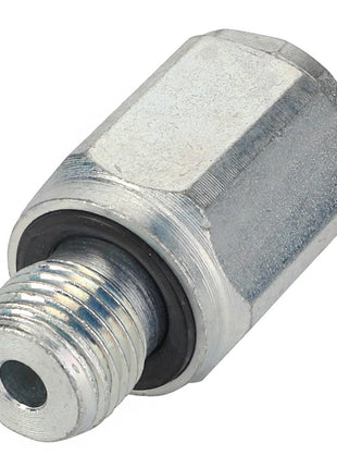 Close-up of the AGCO COUPLER - AL4500390, featuring a metallic hexagonal hydraulic fitting with a threaded male end and a smooth cylindrical body, showing intricate detail.