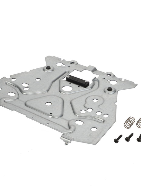 The AGCO | ROCKER - F931502030630 metal mounting bracket, complete with screws, springs, and a compact auxiliary component, laid out on a white surface.