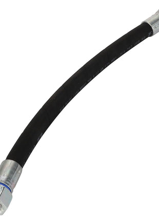The AGCO Hydr. Hose - Acp0294190 is a flexible black hose equipped with silver metal connectors at both ends, designed for efficient fluid or gas transfer.