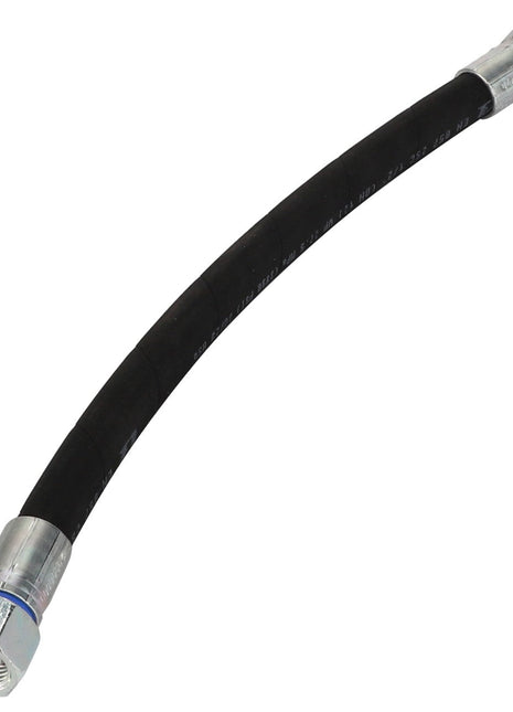 The AGCO Hydr. Hose - Acp0294190 is a flexible black hose equipped with silver metal connectors at both ends, designed for efficient fluid or gas transfer.
