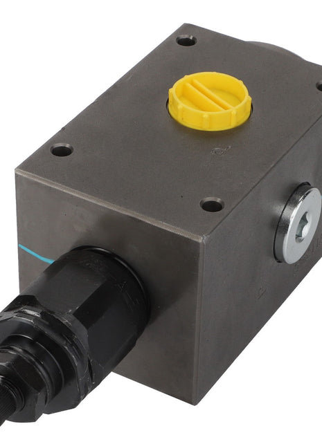 The AGCO Relief Valve - Acw1431350 is a metal valve block featuring a yellow screw cap and black fitting.