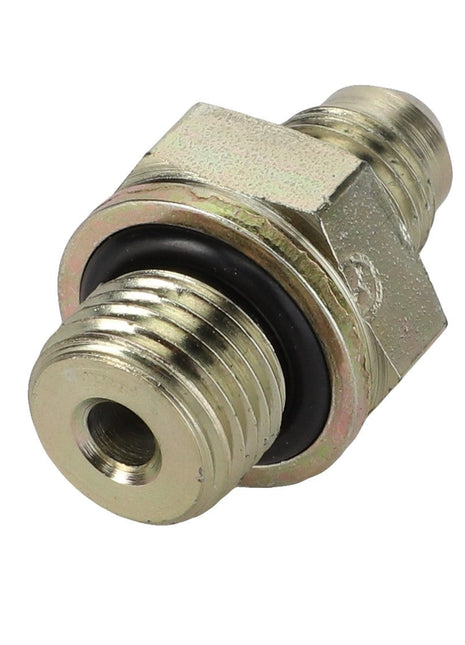 The AGCO ADAPTER FITTING - AG517470 is a metal hydraulic fitting with a hexagonal center and threaded cylindrical ends, featuring an integral O-ring for superior sealing.