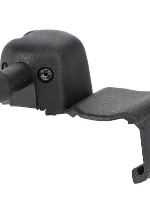 Product Description: The AGCO NOZZLE (V30240800) is a small, black plastic component featuring a curved hook on one side and a protruding nozzle-like structure on the other.