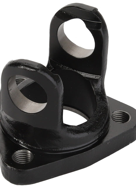 The AGCO YOKE - ATV1402-369 is a black metal component that features two cylindrical holes and a flat, triangular base with two threaded screw holes for secure attachment.