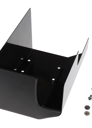 Product AGCO | COVER - AL10550058, a black, L-shaped wall mounting bracket with pre-drilled holes, accompanied by six bolts, four washers, and three rubber gaskets, is arranged on a white background. No current product description information is available for this item from AGCO.