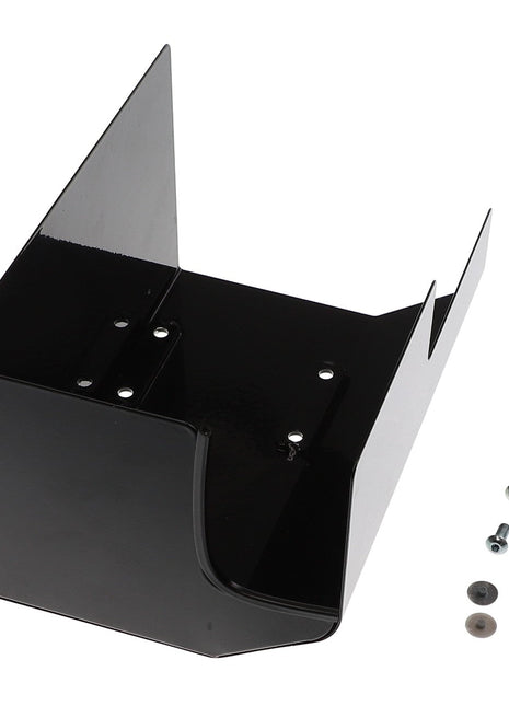 Product AGCO | COVER - AL10550058, a black, L-shaped wall mounting bracket with pre-drilled holes, accompanied by six bolts, four washers, and three rubber gaskets, is arranged on a white background. No current product description information is available for this item from AGCO.