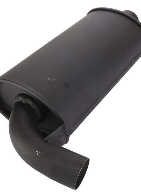 Here is a genuine AGCO product, the Muffler - E3531413M91, designed to enhance performance variables. It features a sleek black cylindrical shape with a curved pipe extending from one end and is set against a plain white background.