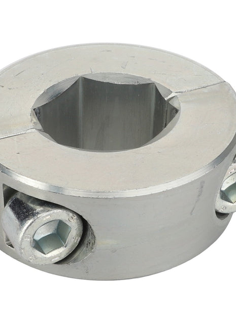 The AGCO | RETAINER - ACP0289190 is a round metallic mechanical component featuring bolts and a central square hole, designed for fastening or connecting shafts in machinery. For any questions about this product or ordering assistance, please contact our support team.