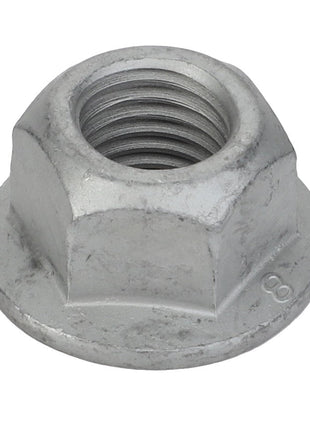 Close-up of the AGCO Hex Flange Top Lock Nut - Acw1027170, a silver metal hex nut featuring an integrated washer base and a threaded hole. No current product description information is available.