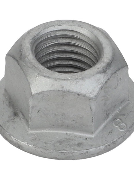 Close-up of the AGCO Hex Flange Top Lock Nut - Acw1027170, a silver metal hex nut featuring an integrated washer base and a threaded hole. No current product description information is available.