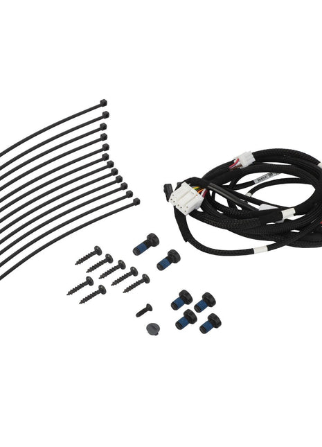 A bundle of AGCO wire harnesses (F931502031100) with connectors, several black zip ties, and an assortment of screws and blue rubber grommets arranged on a white surface. Please note that there is no current product description information available.