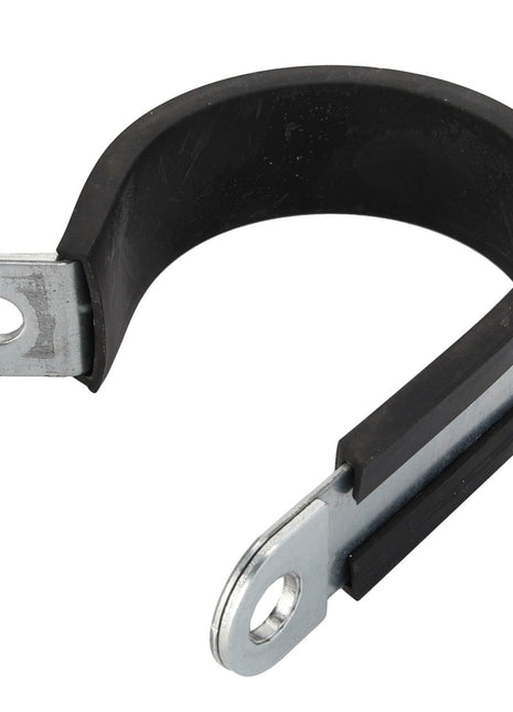 The AGCO Clamp - Acp0322220 is a durable metal clamp with a rubber lining that features two mounting holes at each end for secure installation.