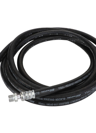 The AGCO | Hydraulic Hose - Acw1132990, a coiled black hydraulic hose with metallic connectors at both ends, lies against a plain white background.