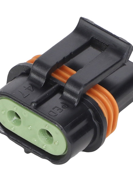 No current product description information is available for this close-up of the AGCO CONNECTOR - AG517662, a black and green two-pin electrical connector with an orange rubber seal.