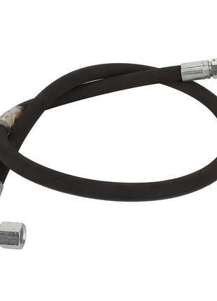 Introducing the AGCO | HYDRAULIC HOSE - AL9030860 by AGCO: a durable black rubber hose featuring metal connectors on both ends, with one connector bent at a precise 90-degree angle.