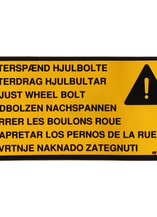 The AGCO | DECAL - D49179000, a warning sign with an exclamation mark symbol, displays instructions in multiple languages to "adjust wheel bolt." No current product description information is available.